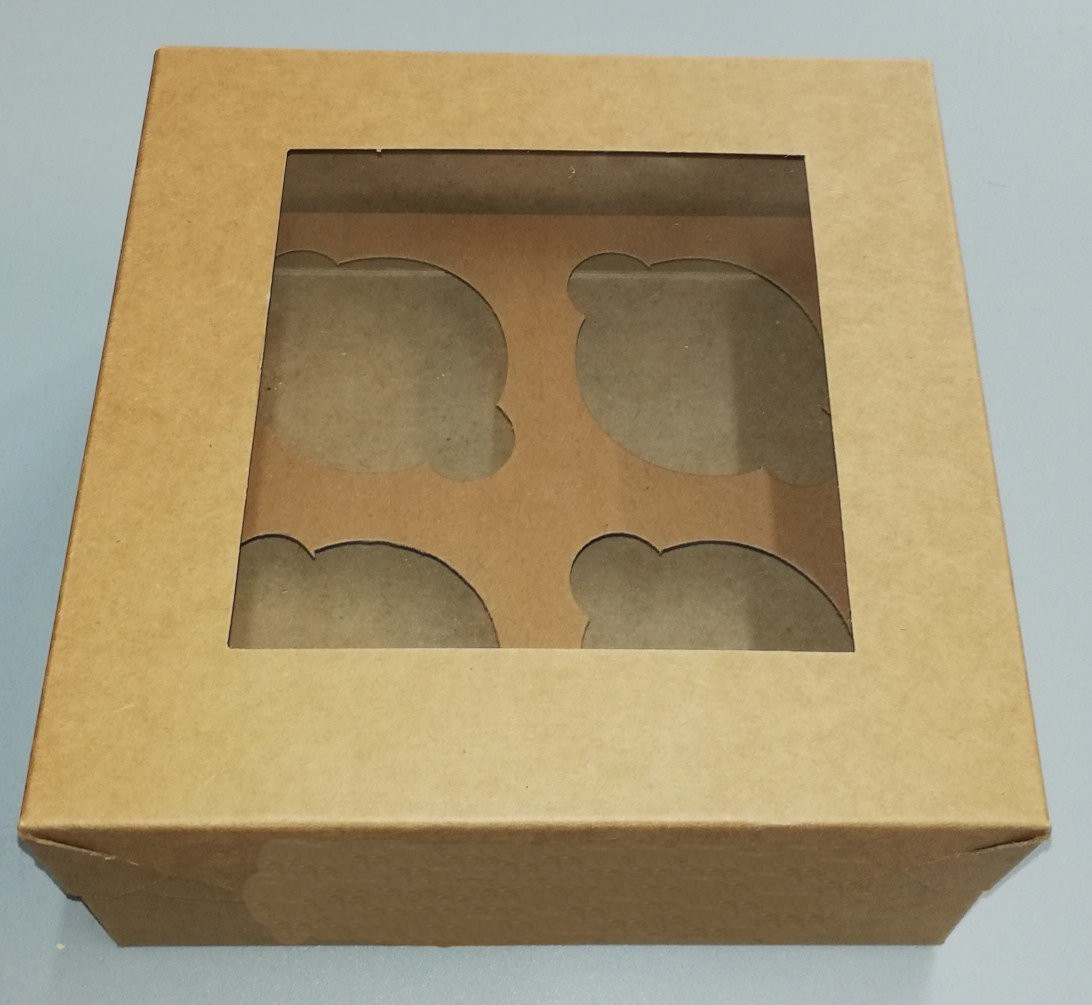 Коробка для 4 кексов, капкейков, маффинов 17х17х9см (с окошком и вставкой) БУРАЯ